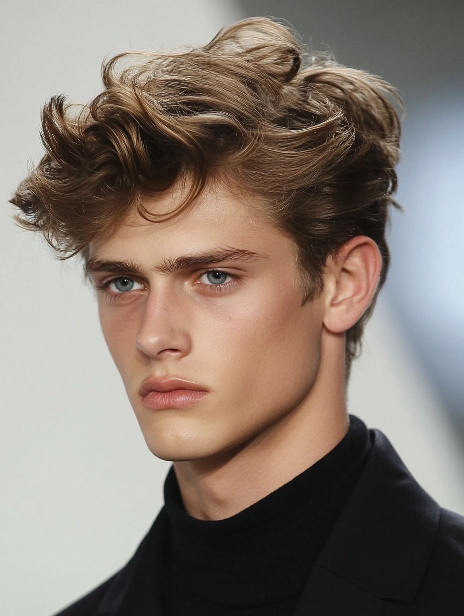 Blowout hairstyle with dramatic volume and a shaved parting for bold streetwear energy