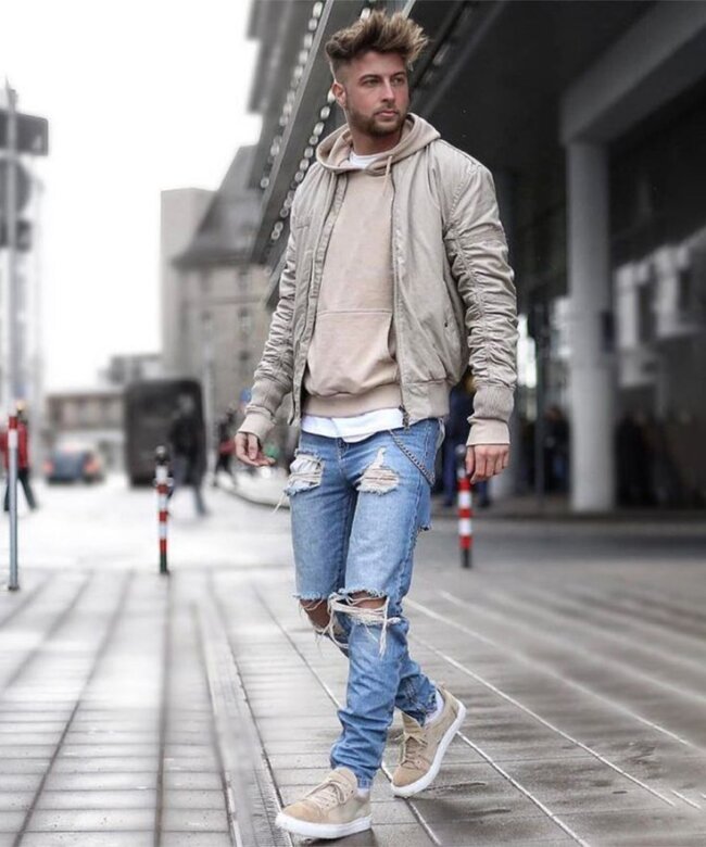 Bomber Jacket with Hoodie and Ripped Jeans