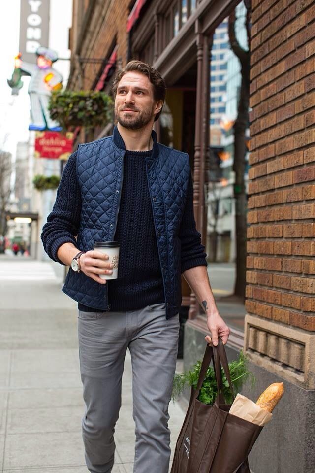 Cable Knit Sweater with Quilted Vest and Corduroys