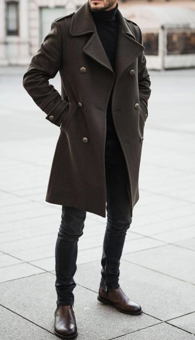 Long Coat with Rollneck Sweater and Wool Trousers