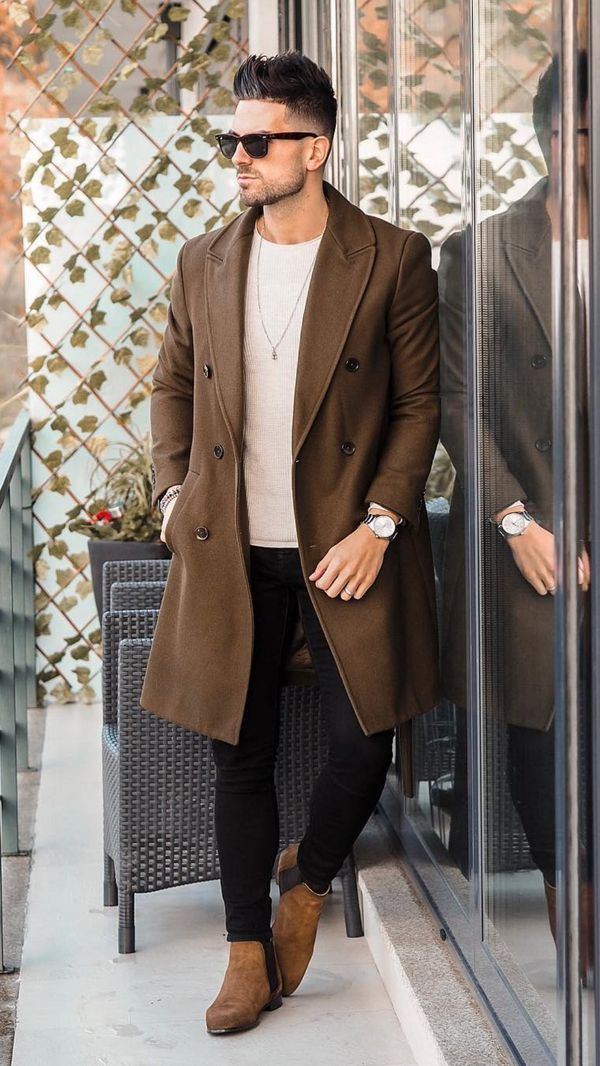 Trench Coat with Sweater Vest and Slim-Fit Pants