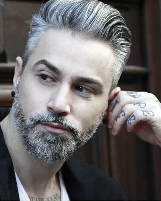 Streamlined Sophistication: A Neatly Trimmed Grey Beard with a Side Part