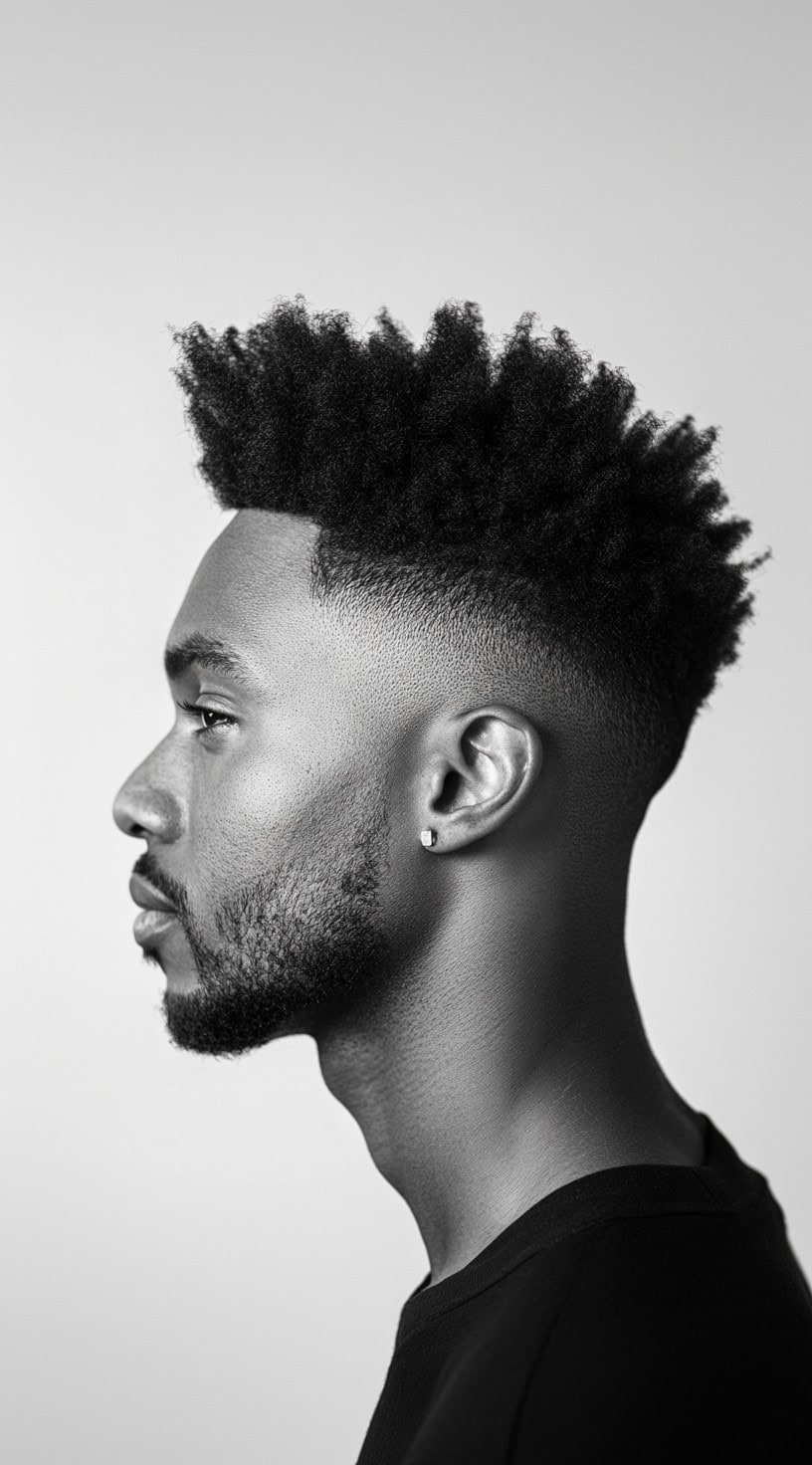 High fade with textured curls hairstyle for Black men