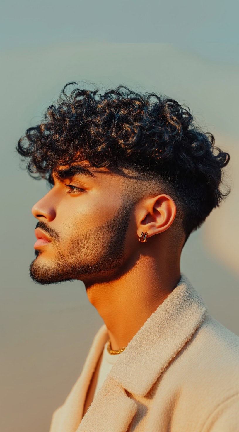 High fade with voluminous curls hairstyle for Black men