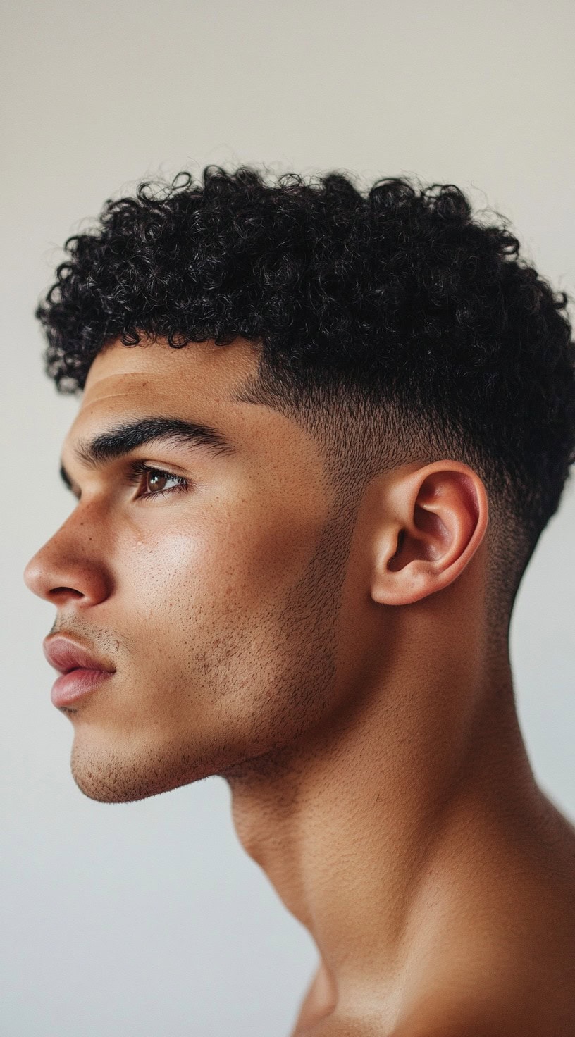 Low fade with natural curls hairstyle for Black men